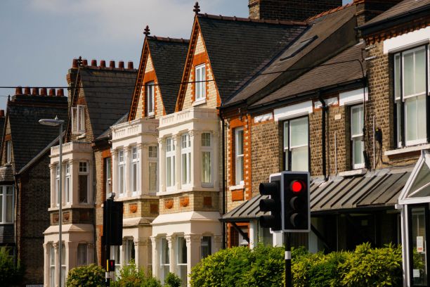 Residential Street with Houses and Traffic Light