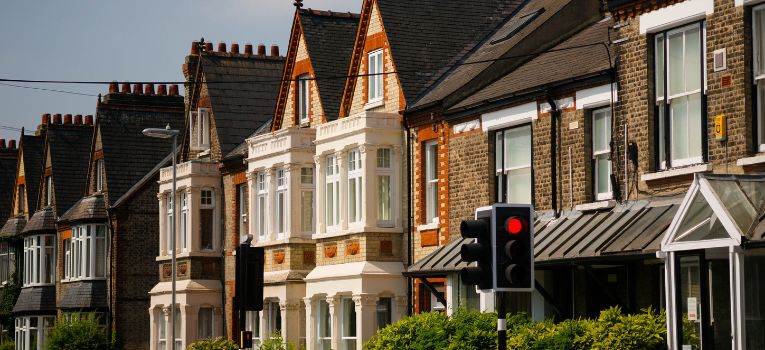 Residential Street with Houses and Traffic Light